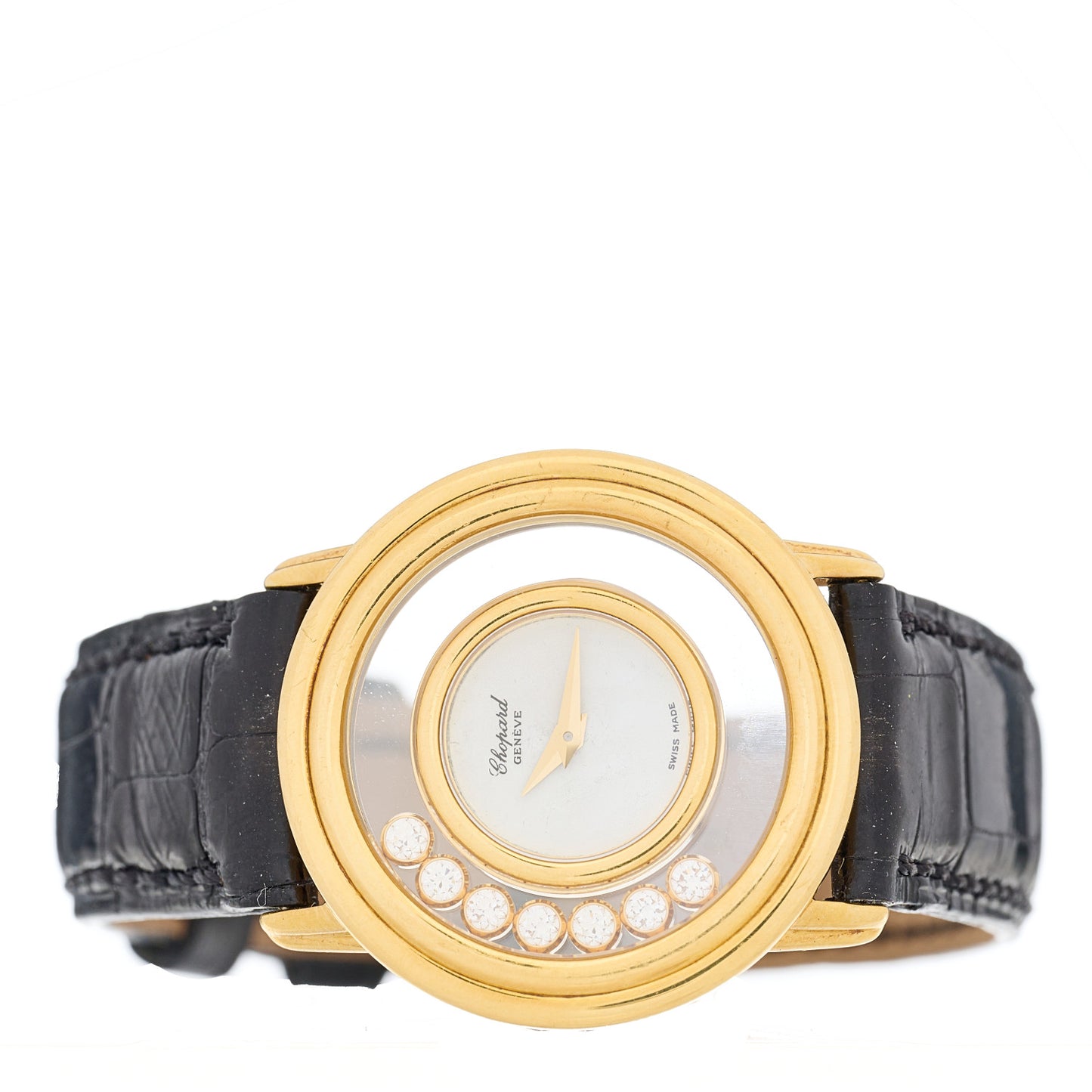 18K Yellow Gold Alligator 7 Diamond 28mm Happy Diamonds Quartz Watch