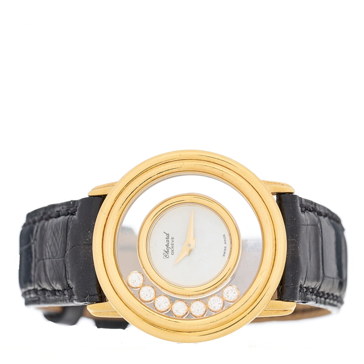 Chopard 18K Yellow Gold Alligator 7 Diamond 28mm Happy Diamonds Quartz Watch 2 of 4
