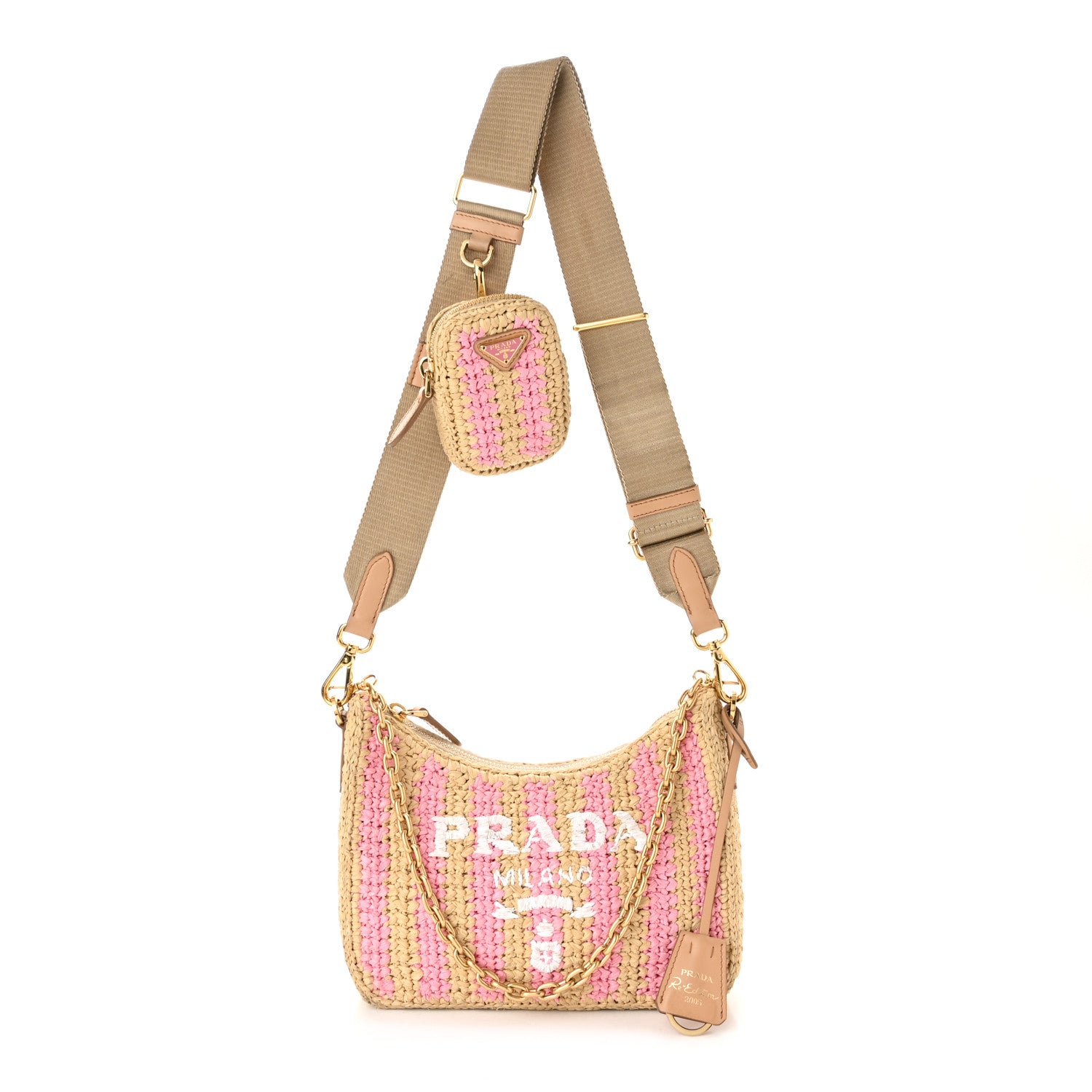 Prada Yarn Raffia Effect Crochet Striped Re-Edition 2005 Shoulder Bag Naturale Petalo 1 of 12