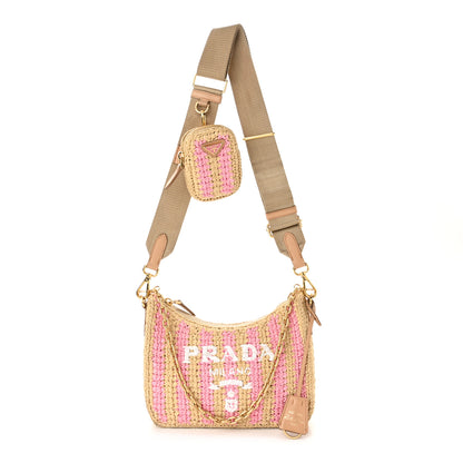 Prada Yarn Raffia Effect Crochet Striped Re-Edition 2005 Shoulder Bag Naturale Petalo 1 of 12