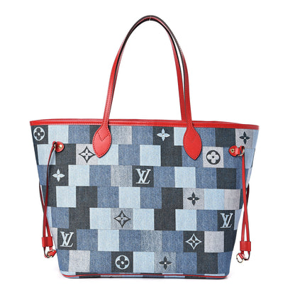 Louis Vuitton Denim Damier Monogram Patchwork Neverfull Blue Rouge 1 of 10