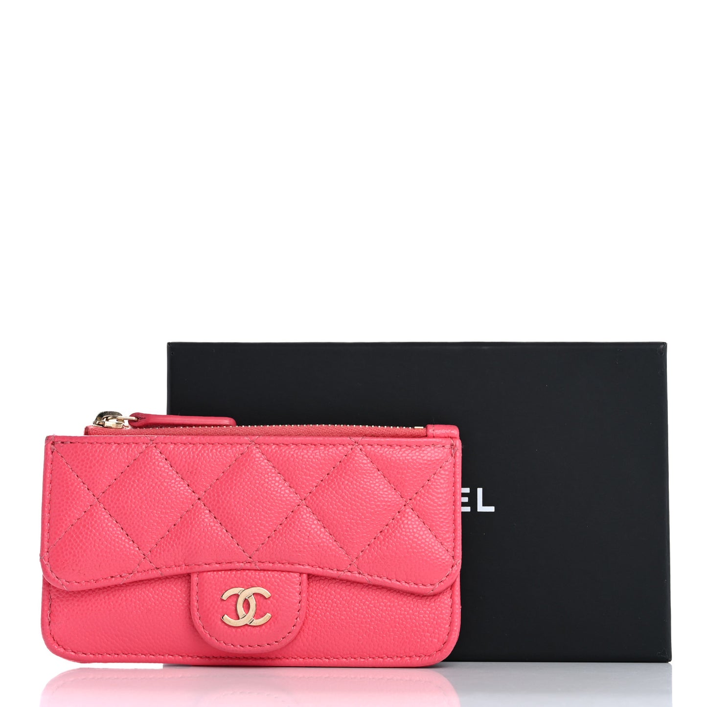 Caviar Quilted Flap Zip Card Holder Dark Pink