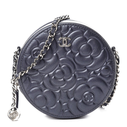Chanel Goatskin Camellia Embossed Round Clutch With Chain Dark Blue 1 of 12