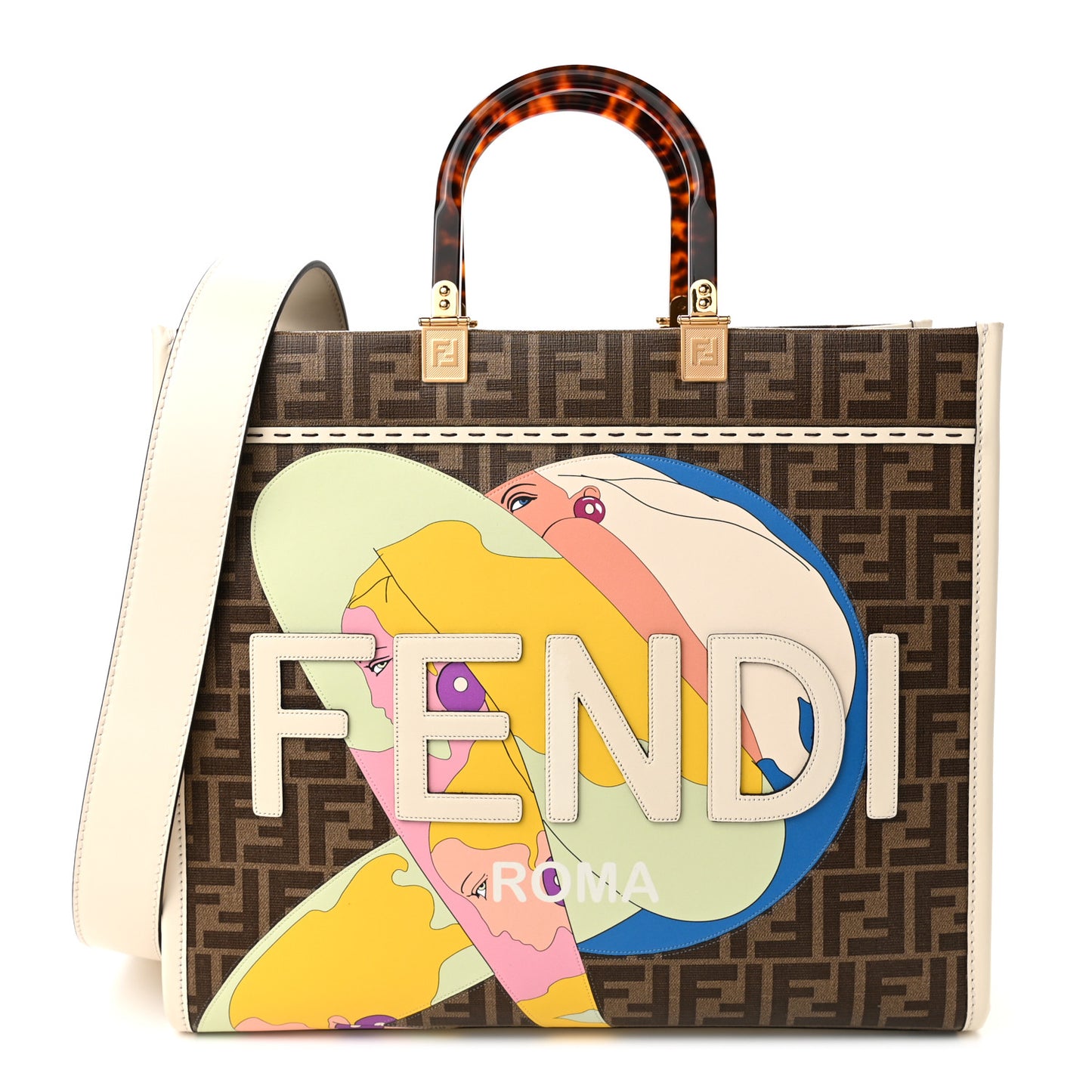 Glazed Fabric Vitello King Plexiglass FF 1974 Logo Hairdo Girls Inlay Medium Fendi Sunshine Shopper Tote Mogano Panna Multicolor