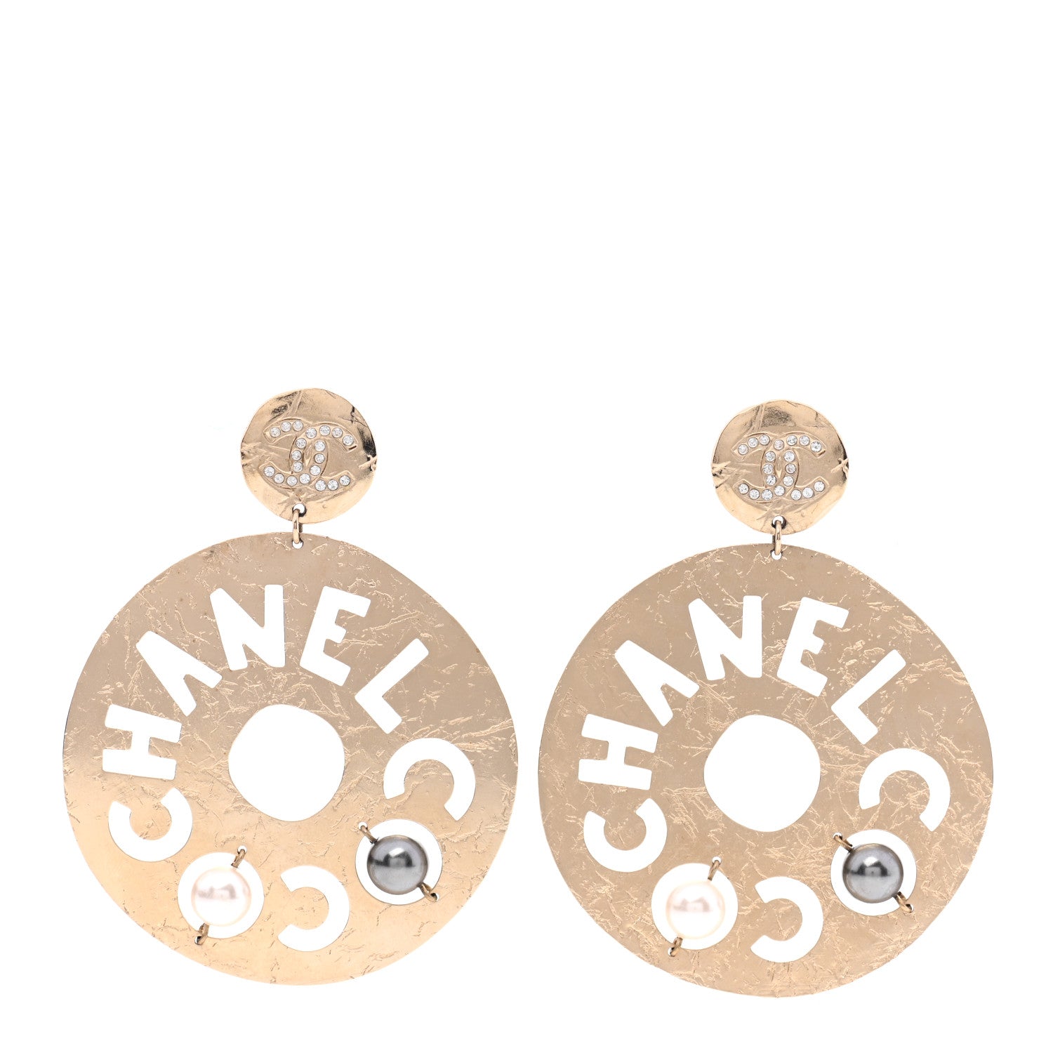 Chanel Crystal Pearl CC Papyrus Drop Earrings Gold Grey 1 of 4