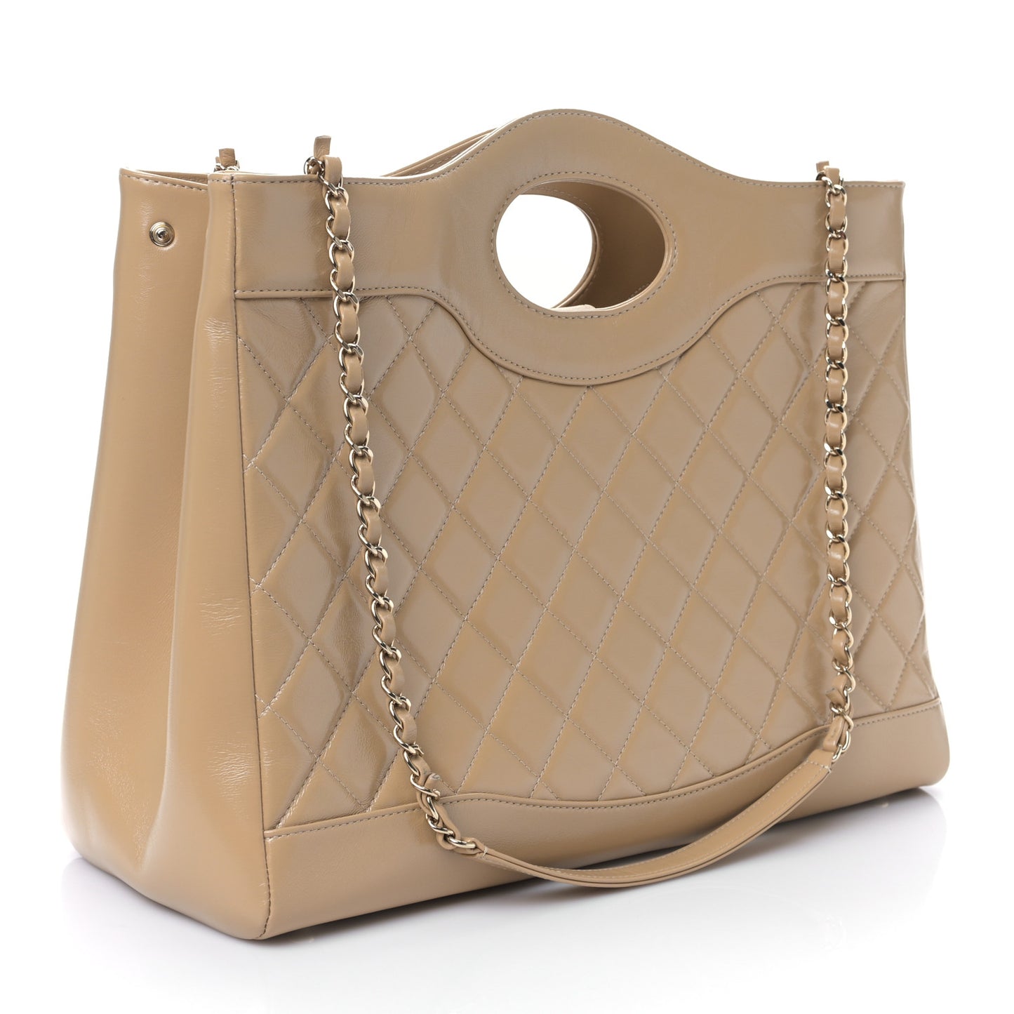 Shiny Crumpled Calfskin Quilted Large 31 Shopping Bag Beige