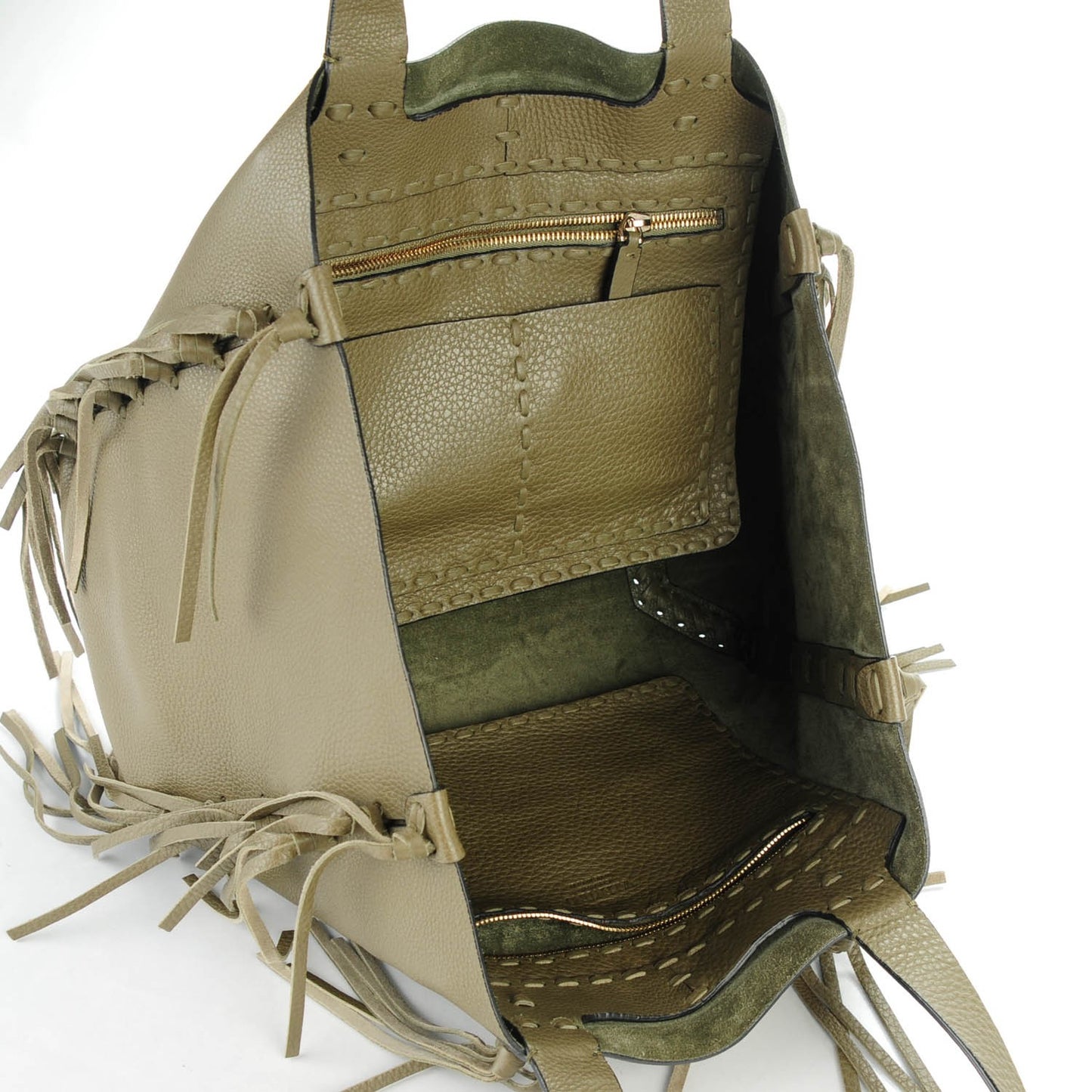 Grained Calfskin C-Rockee Fringe Tote Army Green