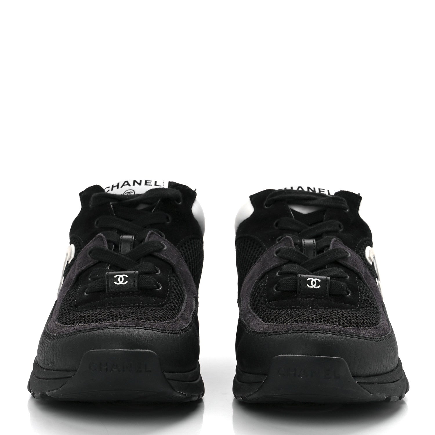 Chanel Mesh Suede Grained Calfskin Womens CC Sneakers 36.5 Black White 2 of 9