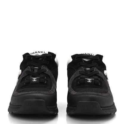 Chanel Mesh Suede Grained Calfskin Womens CC Sneakers 36.5 Black White 2 of 9