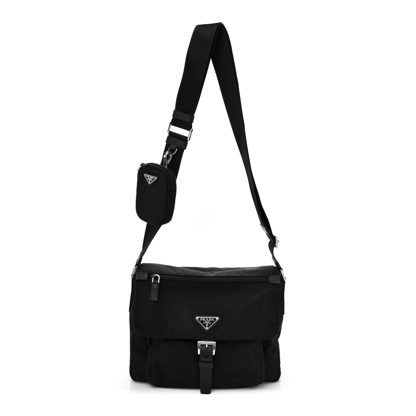 Re-Nylon Vela Saffiano Pocket Single Buckle Messenger Shoulder Bag Black