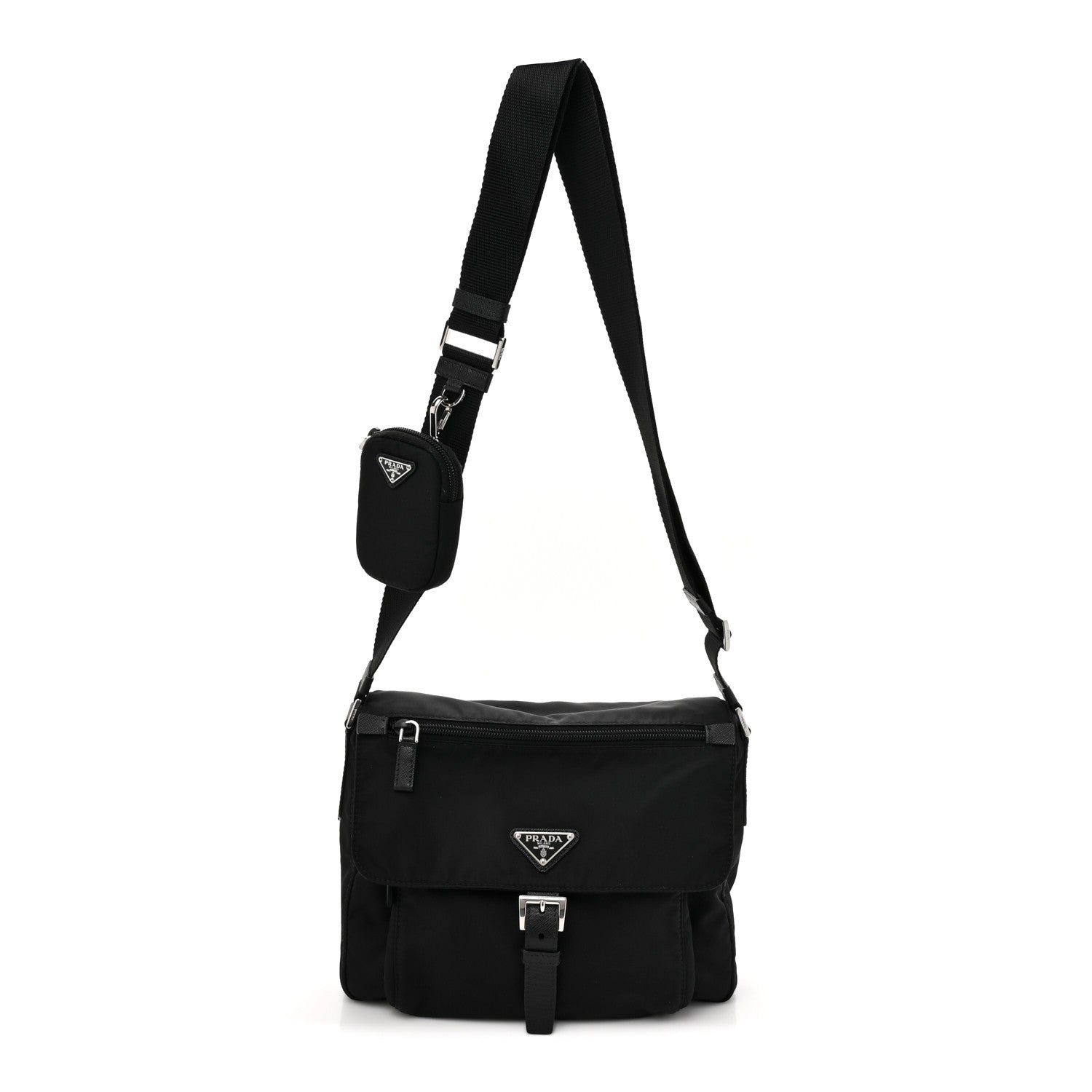Prada Re-Nylon Vela Saffiano Pocket Single Buckle Messenger Shoulder Bag Black 1 of 9