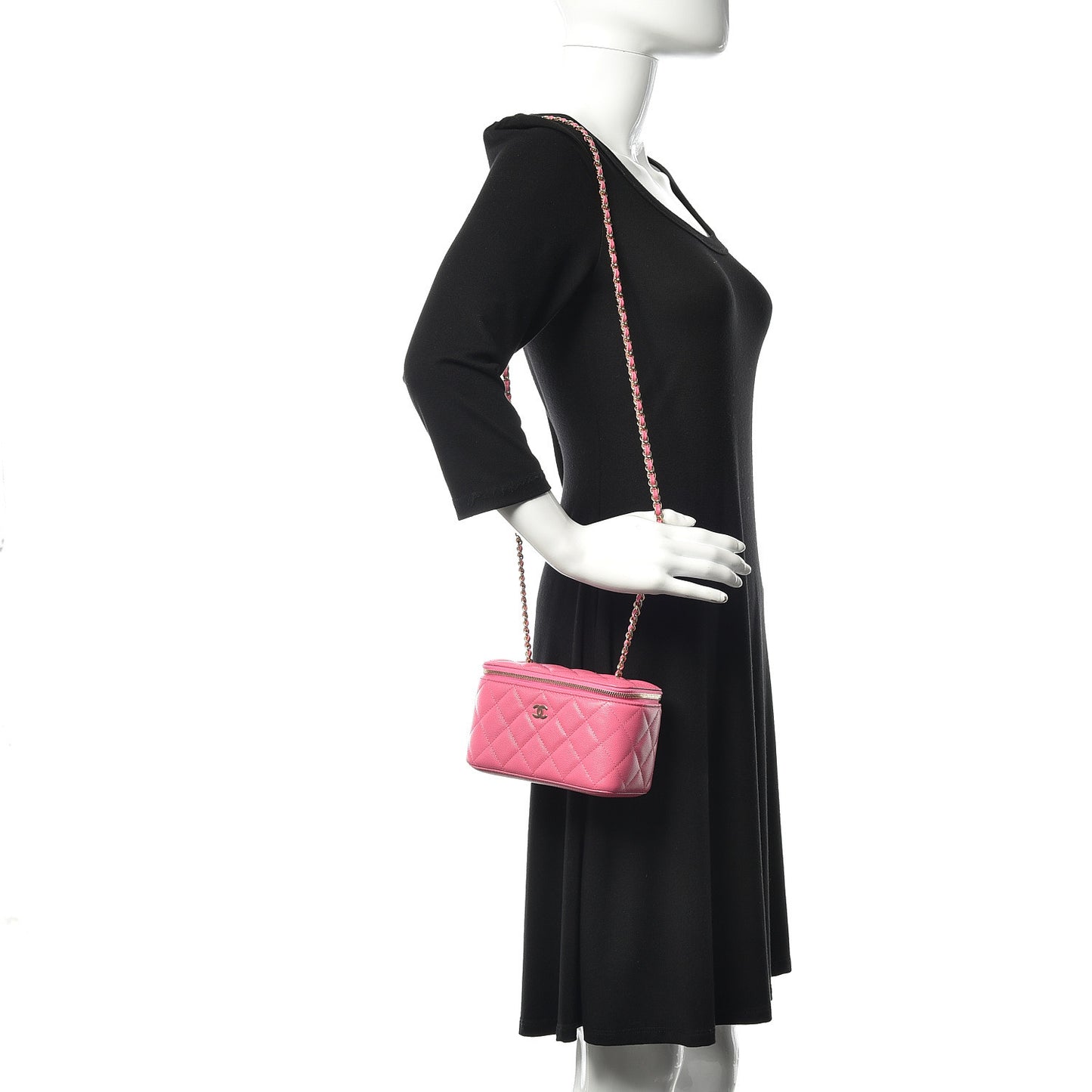 Caviar Quilted Small Vanity Case With Chain Pink