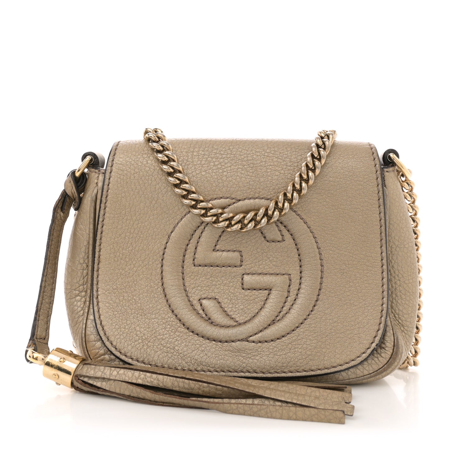 Metallic Pebbled Calfskin Small Soho Flap Crossbody Golden Beige