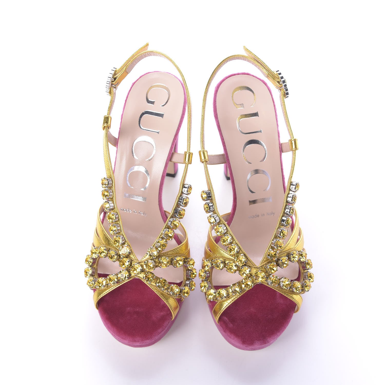 Gucci Velvet Nappa Crystal Zephyra Slingback Platform High Heel Sandals 35.5 Pink Gold 5 of 11