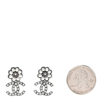 Chanel Crystal CC Pearl Flower Earrings Silver 2 of 5