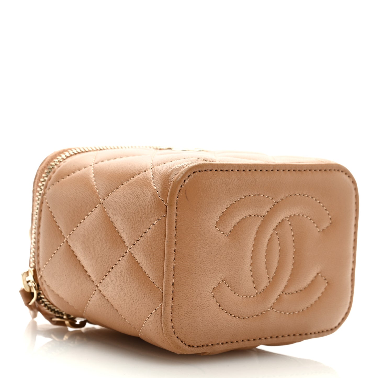 Lambskin Quilted Top Handle Mini Vanity Case With Chain Beige