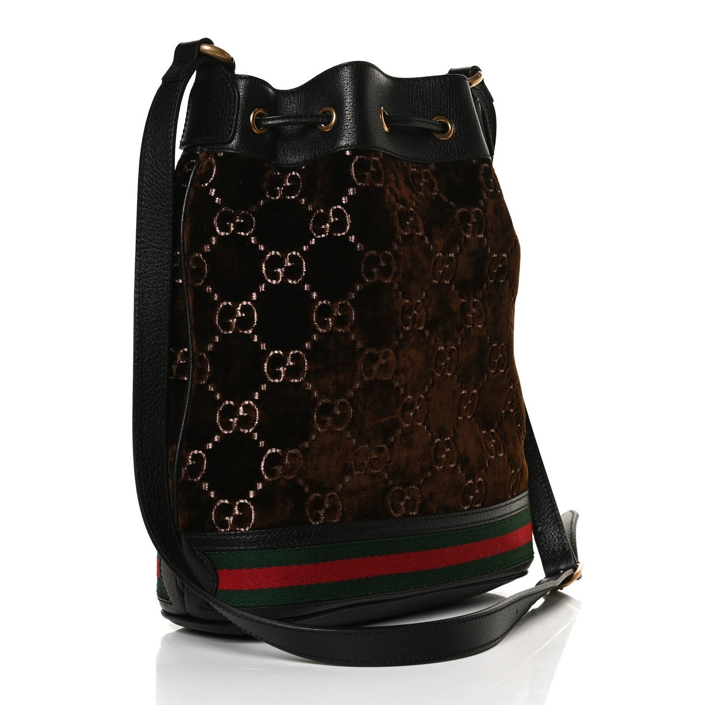 Velvet GG Monogram Textured Calfskin Web Bucket Bag Brown Black