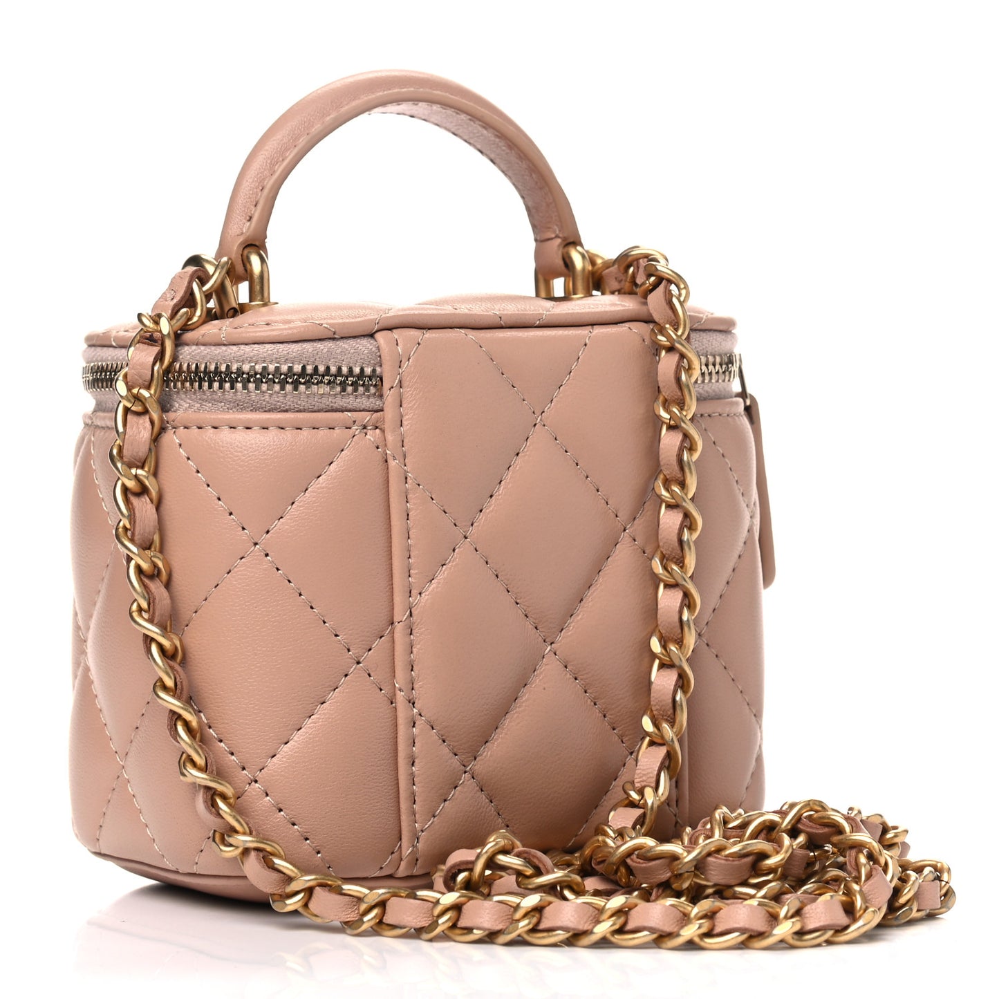Lambskin Quilted Top Handle Mini Vanity Case With Chain Beige