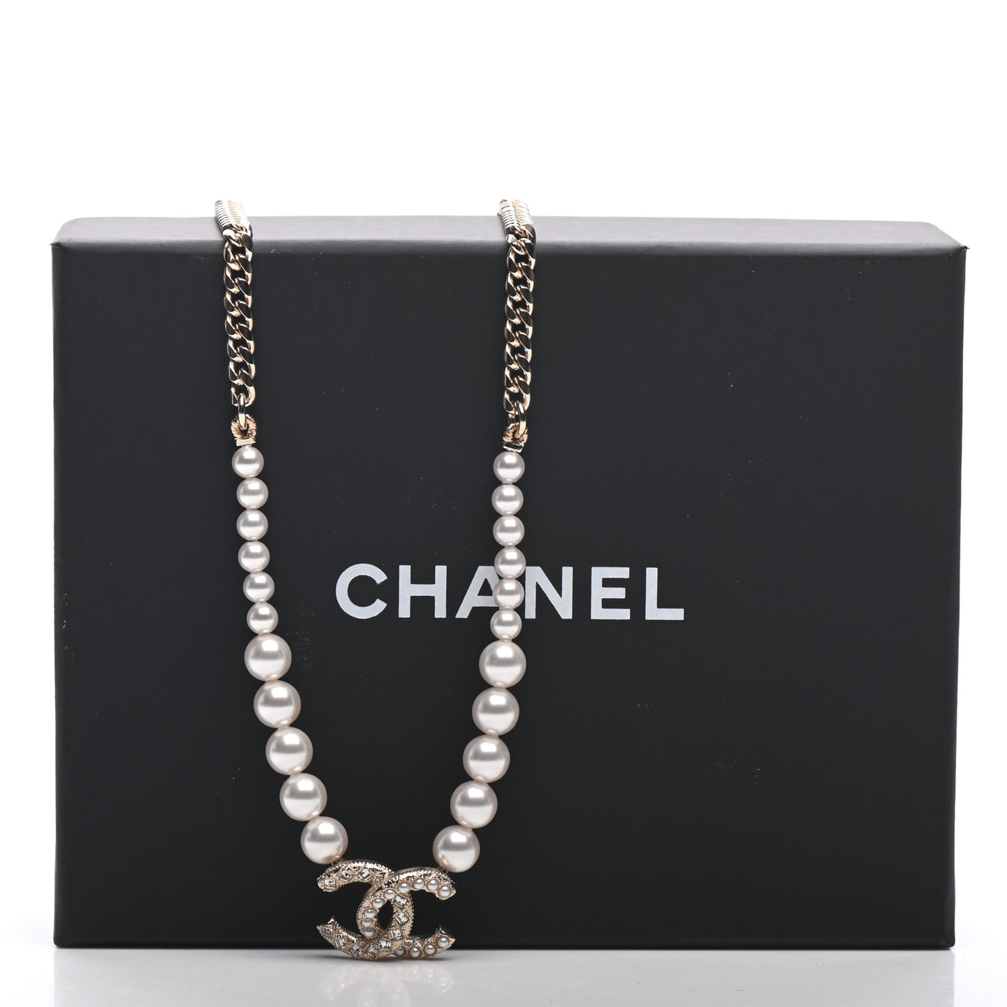 Pearl Crystal Chain CC Necklace Gold
