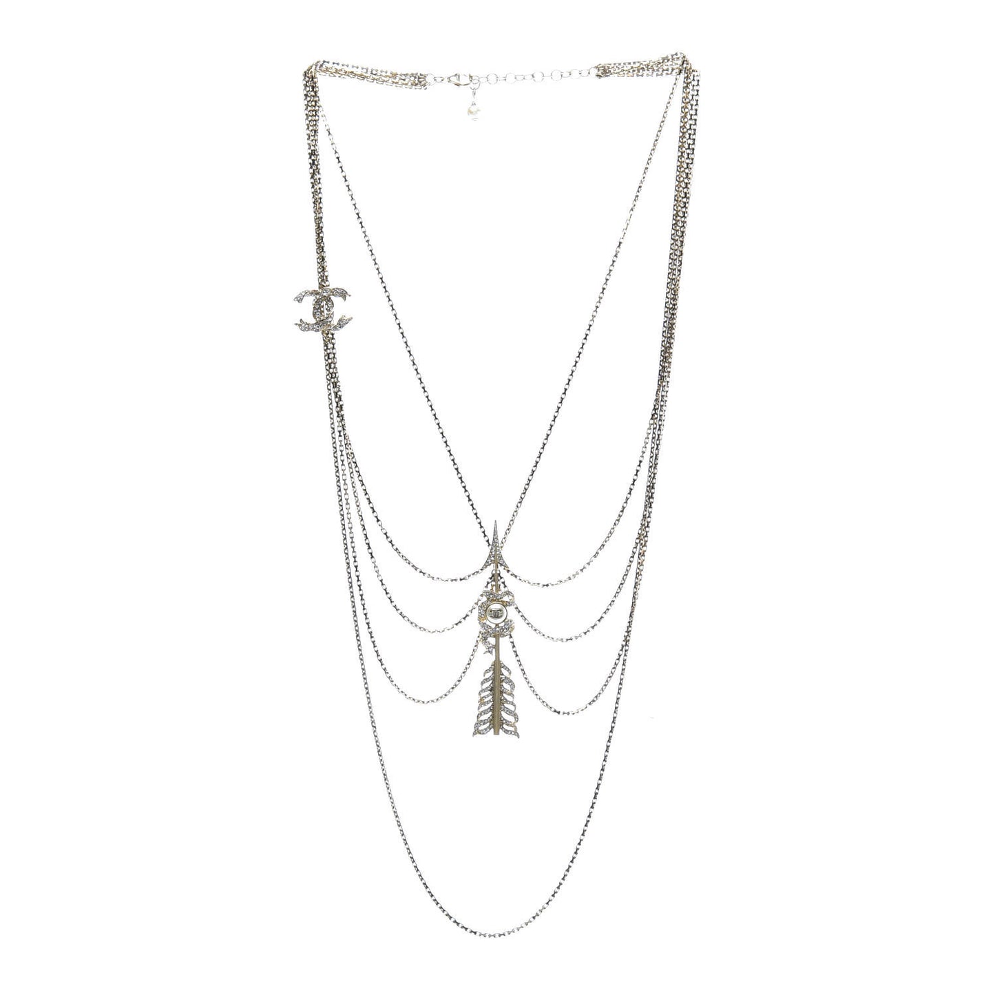 Crystal Pearl Multi Strand Chain CC Arrow Necklace Gold