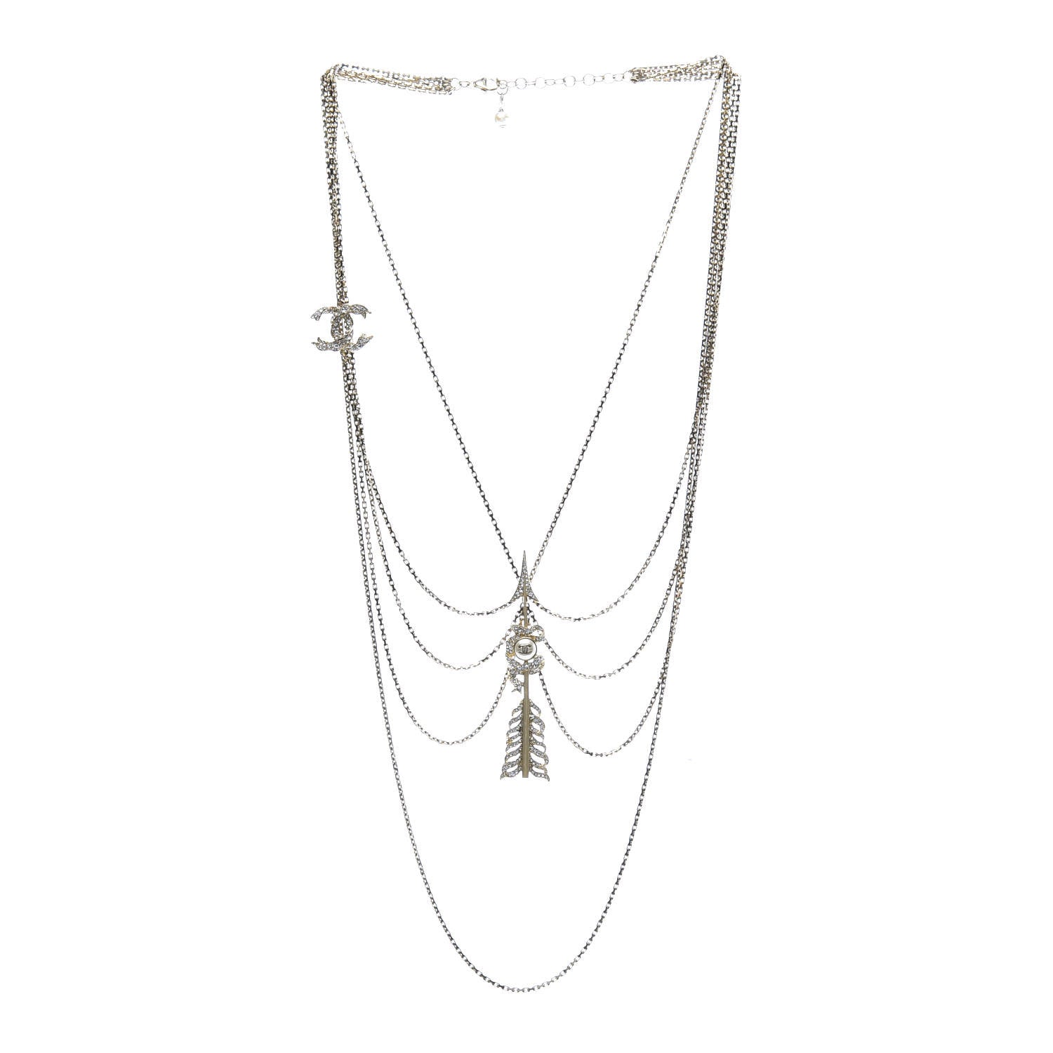 Chanel Crystal Pearl Multi Strand Chain CC Arrow Necklace Gold 3 of 5