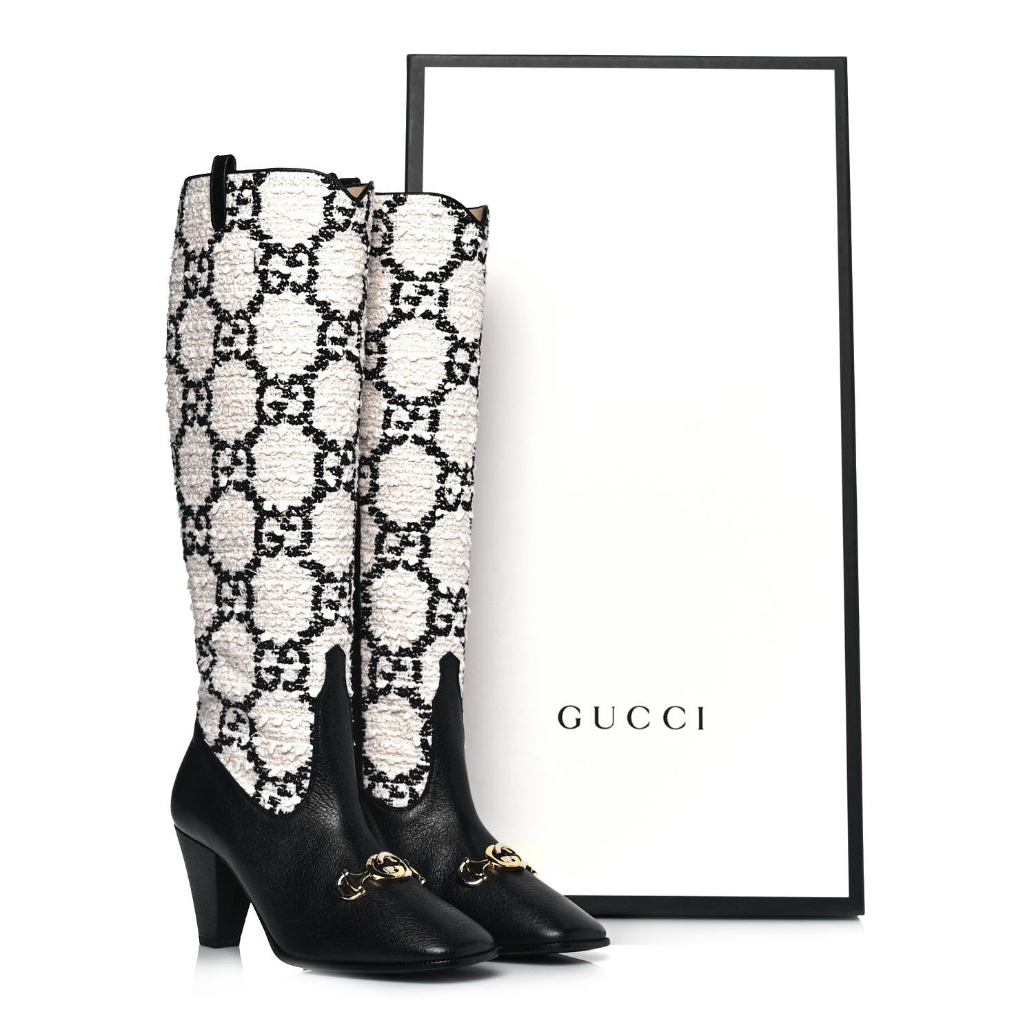 Gucci Tweed GG Monogram Wrinkled Kid Zumi Knee Boots 38 Natural Black 8 of 8