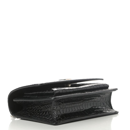 Saint Laurent Calfskin Crocodile Embossed Monogram Sunset Chain Wallet Black 4 of 9