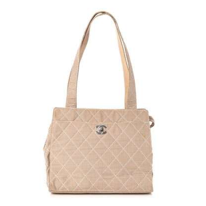 Chanel Toile Gingham Quilted CC Tote Shoulder Bag Beige 1 of 15