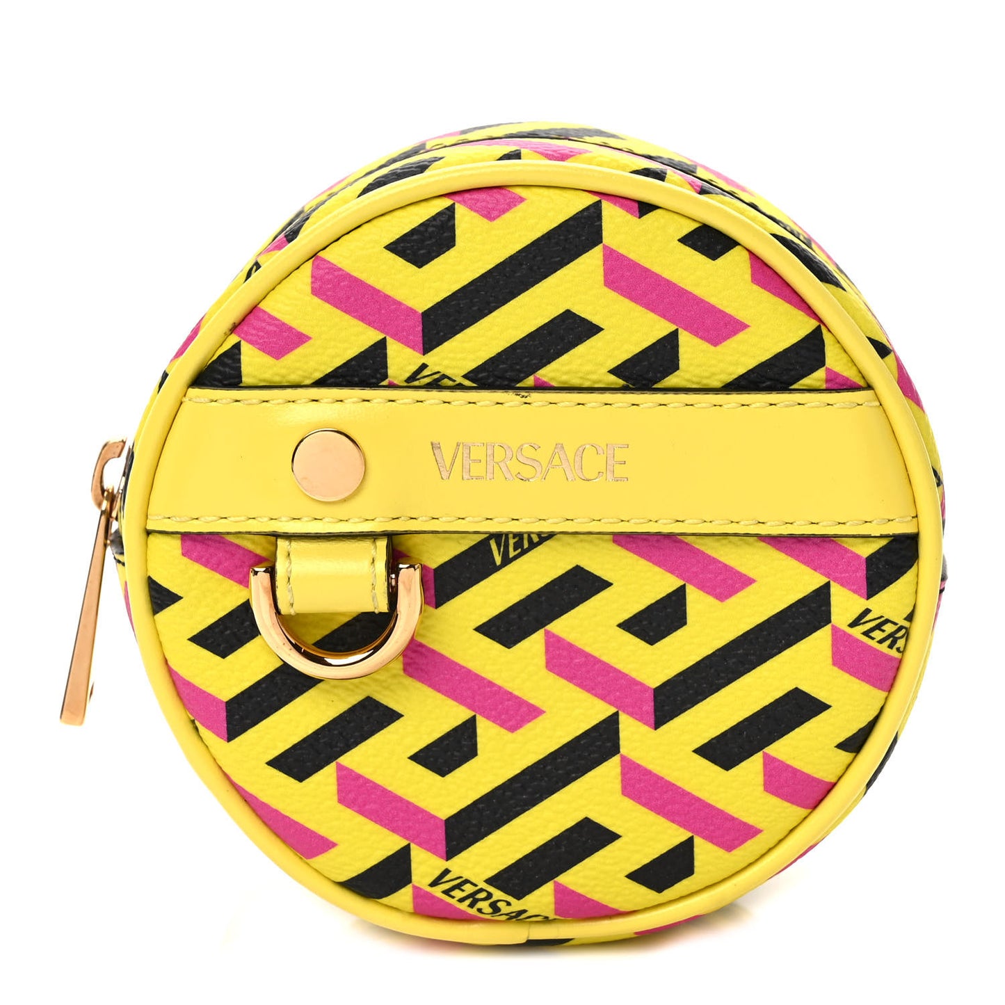 Coated Canvas Calfskin La Greca Round Zip Pouch Yellow Black