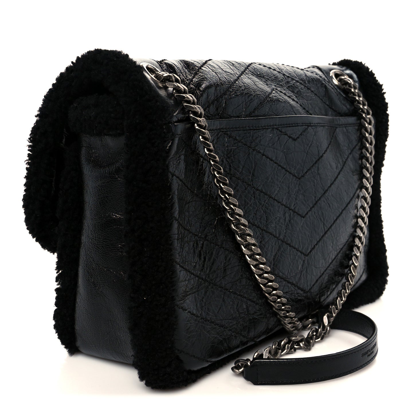 Crinkled Calfskin Shearling Monogram Medium Niki Chain Satchel Black