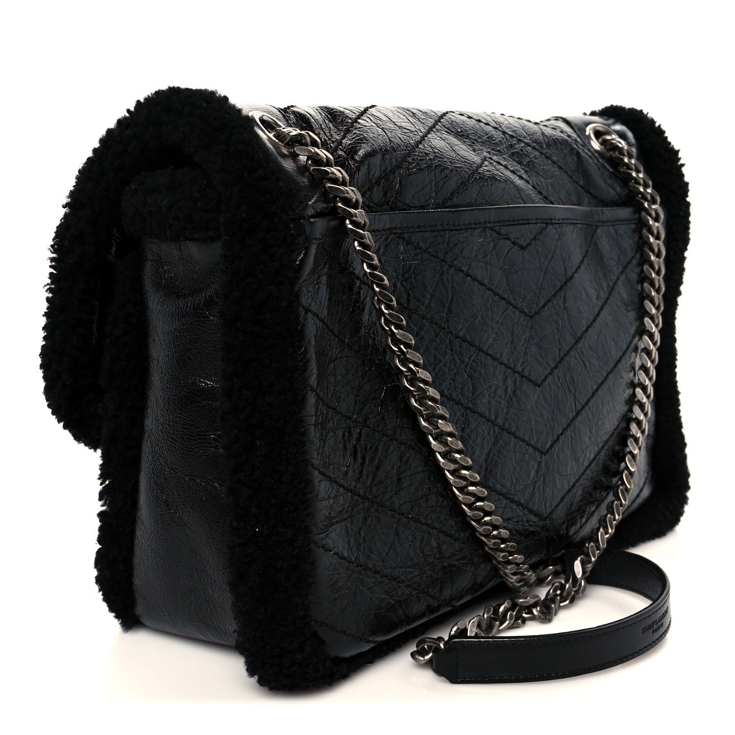 Saint Laurent Crinkled Calfskin Shearling Monogram Medium Niki Chain Satchel Black 3 of 11