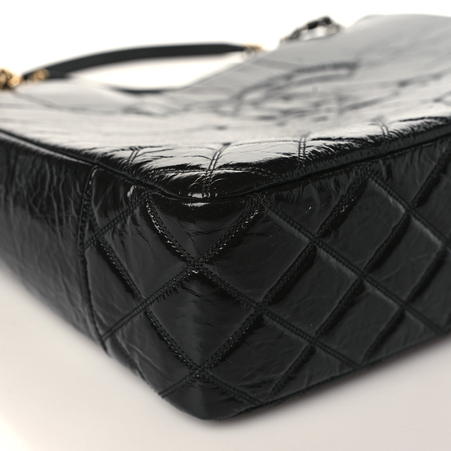 Shiny Aged Calfskin Quilted Large Shopping Bag Black