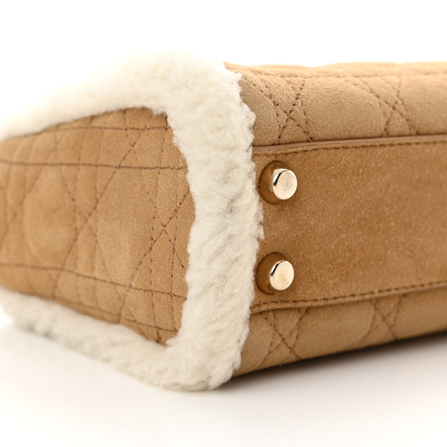 Suede Shearling Cannage Mini Lady Dior Camel