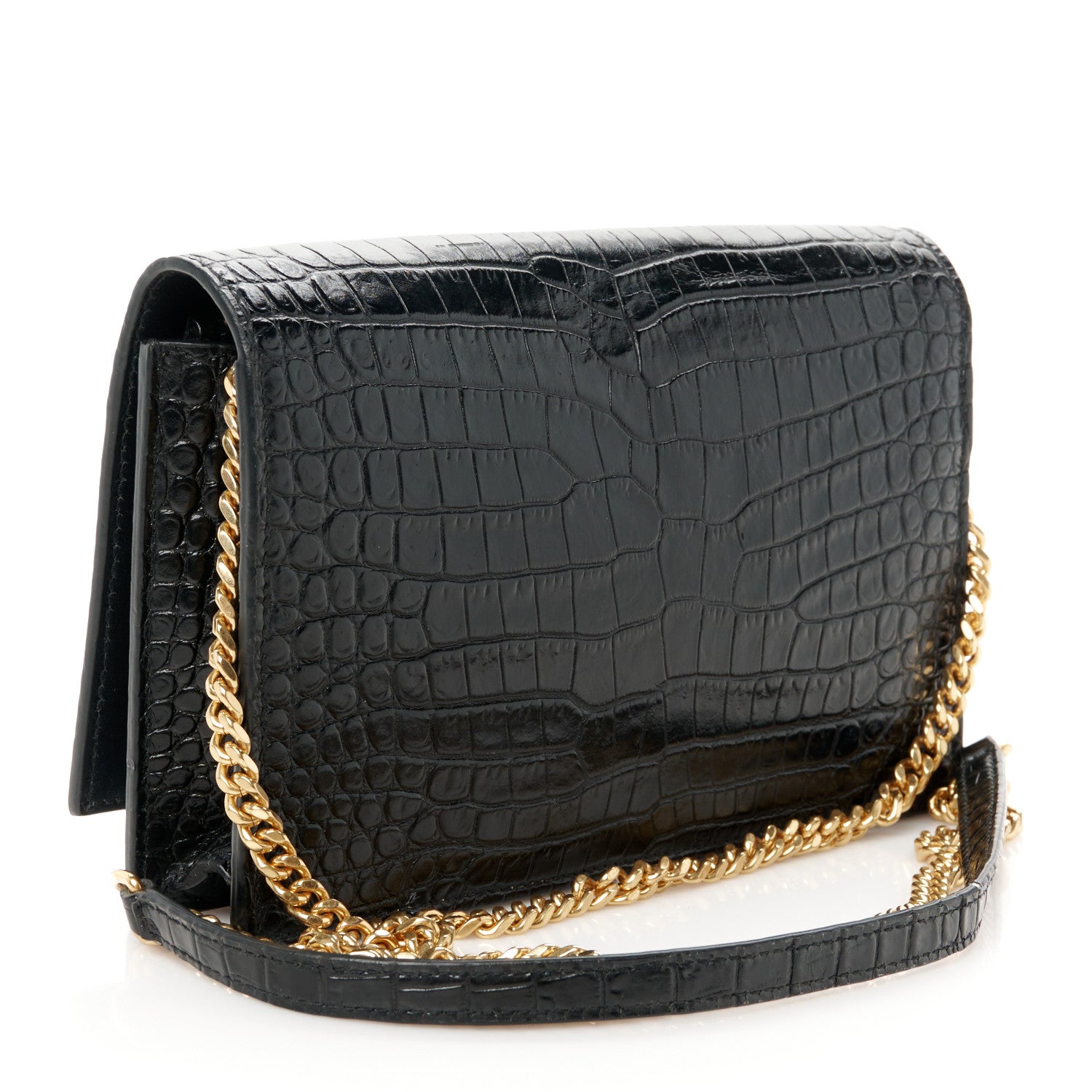 Saint Laurent Calfskin Crocodile Embossed Kate Monogram Tassel Chain Wallet Black 3 of 12