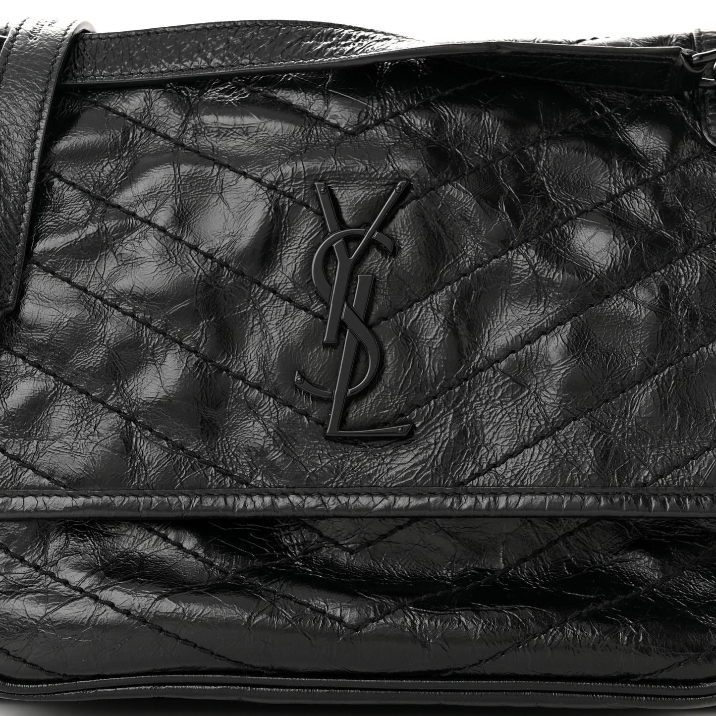 Crinkled Calfskin Matelasse Monogram Medium Niki Chain Satchel Black