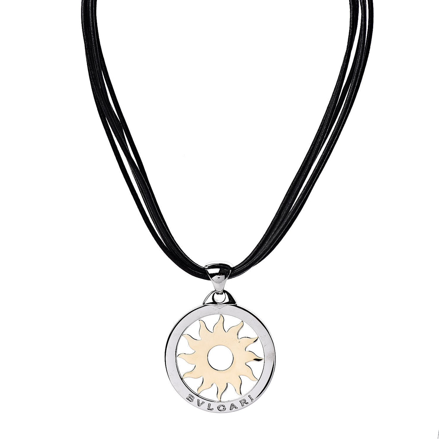 Stainless Steel 18K Yellow Gold Calfskin Tondo Sun Pendant Necklace