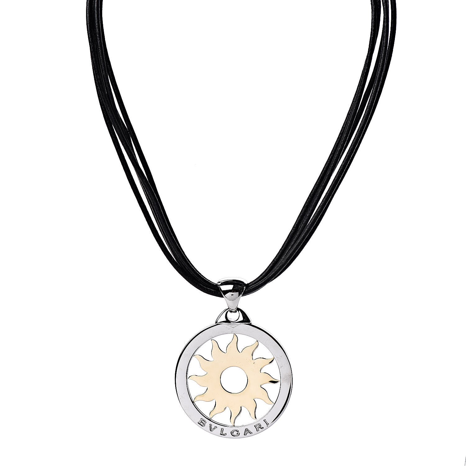 Bulgari Stainless Steel 18K Yellow Gold Calfskin Tondo Sun Pendant Necklace 1 of 6