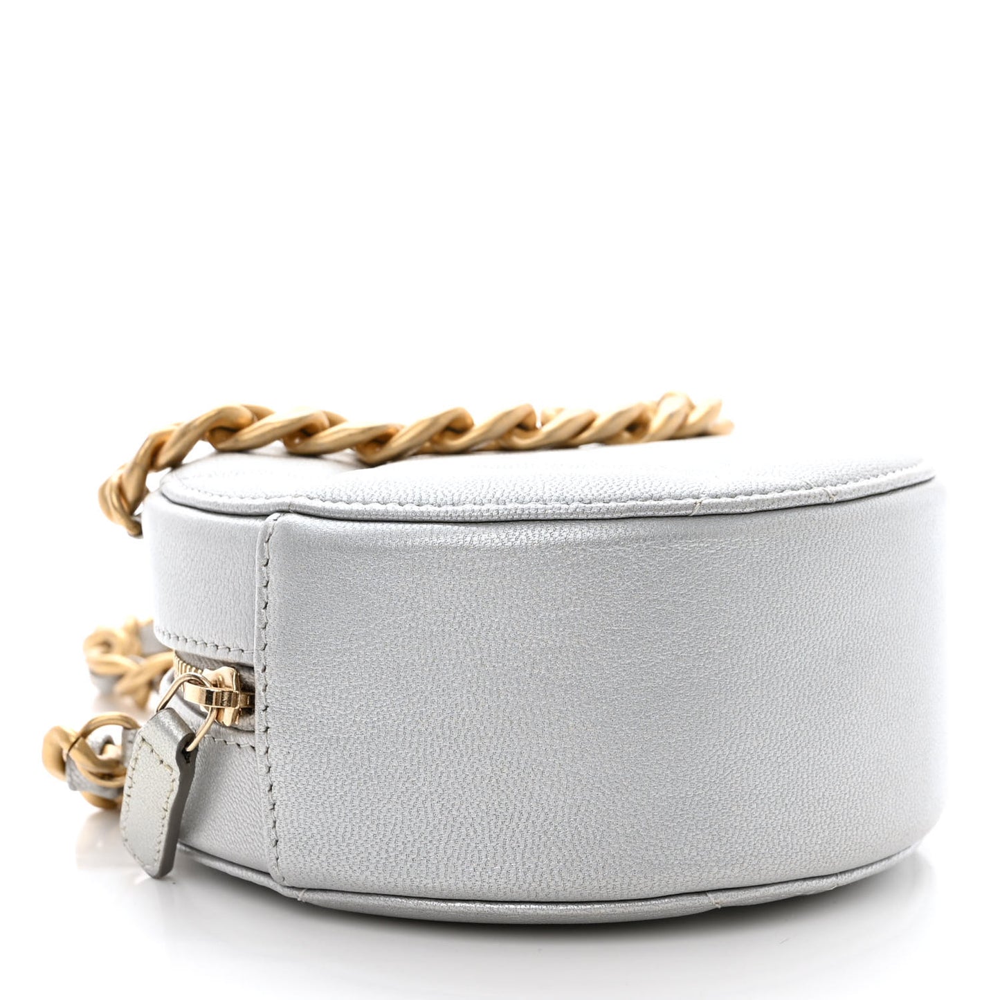 Metallic Lambskin Quilted Chanel 19 Round Clutch With Chain Silver