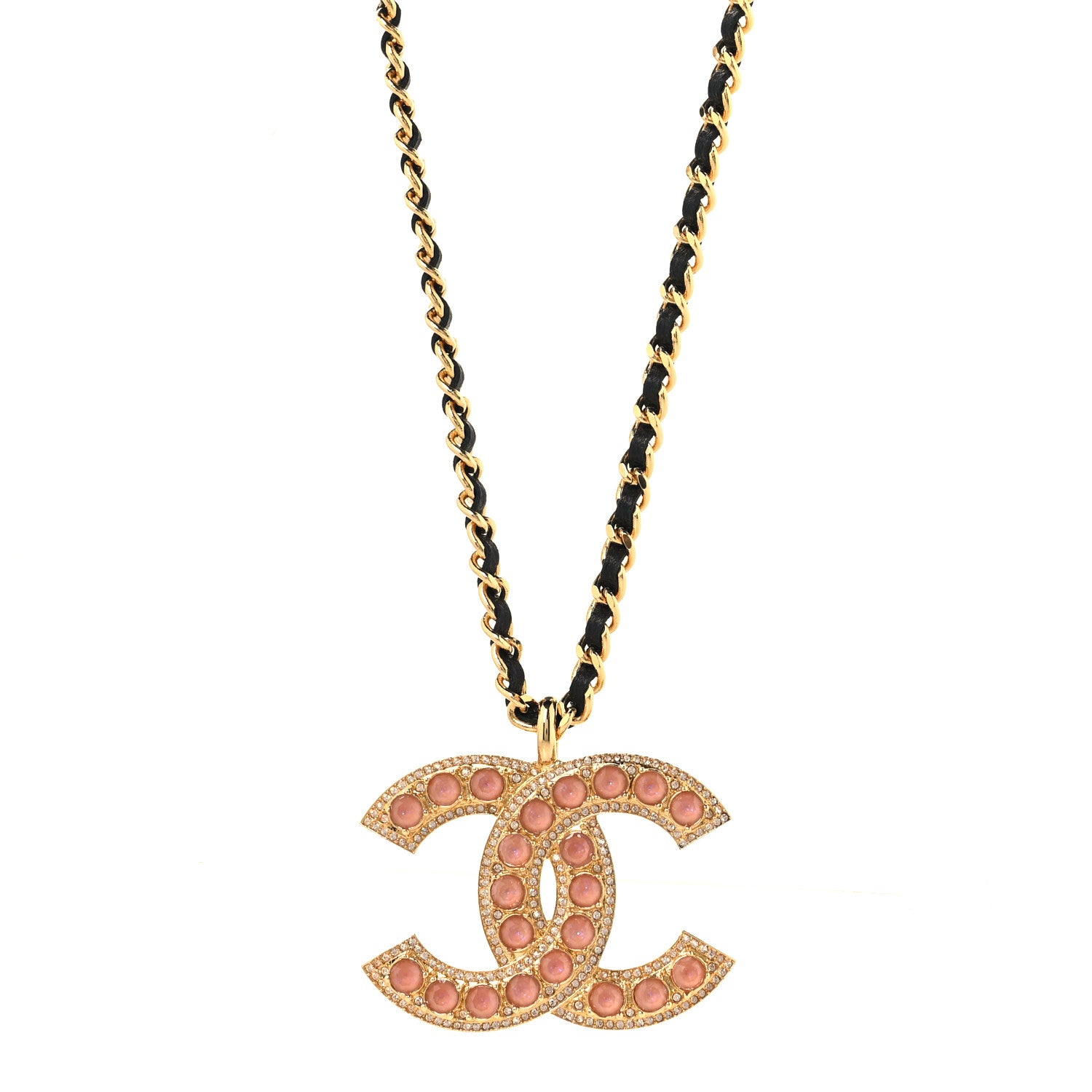 Chanel Pearl Crystal Lambskin Chain CC Dazzling Domino Necklace Gold Pink Black 1 of 5