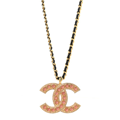 Chanel Pearl Crystal Lambskin Chain CC Dazzling Domino Necklace Gold Pink Black 1 of 5
