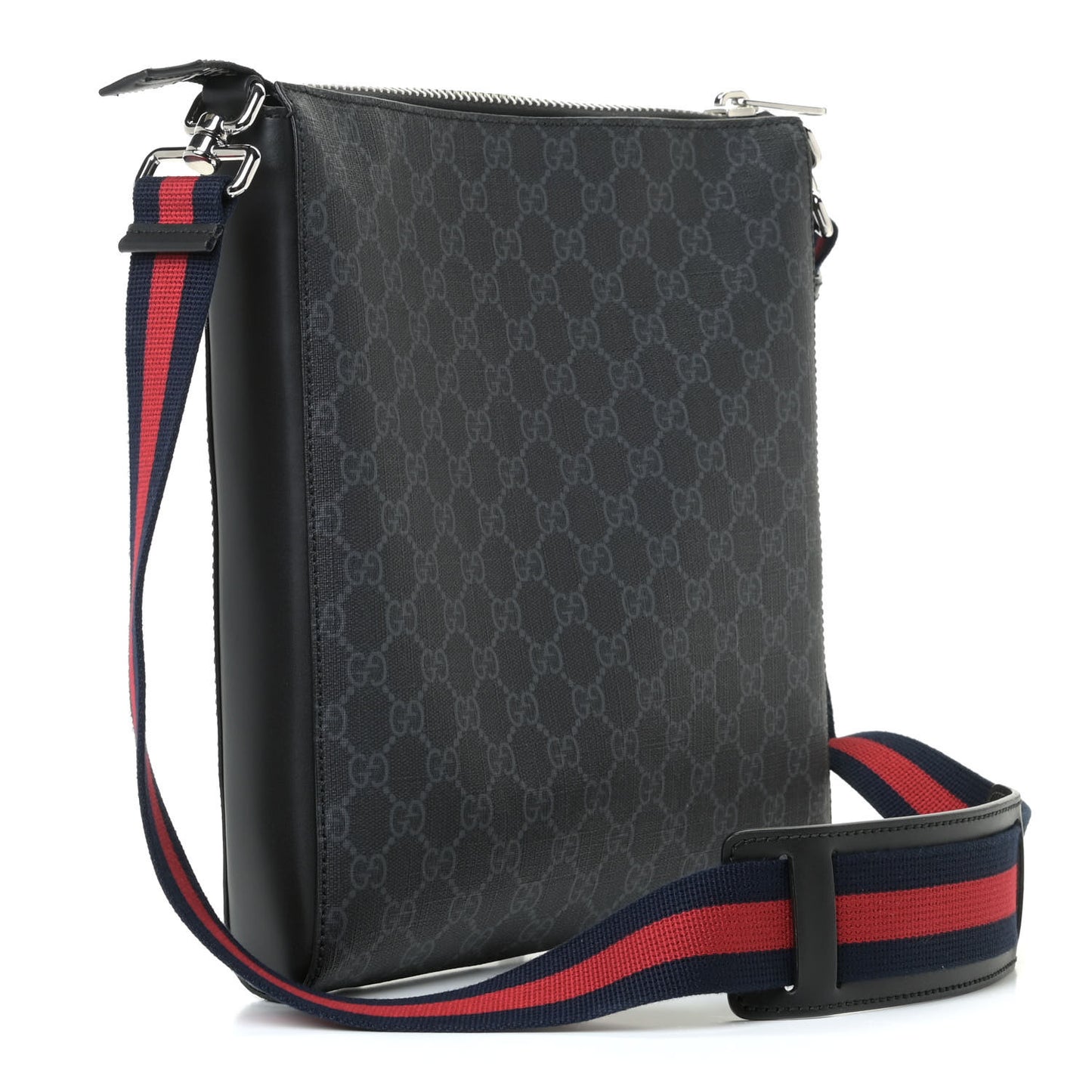 GG Supreme Monogram Appia Calfskin Web Flat Messenger Bag Black Grey