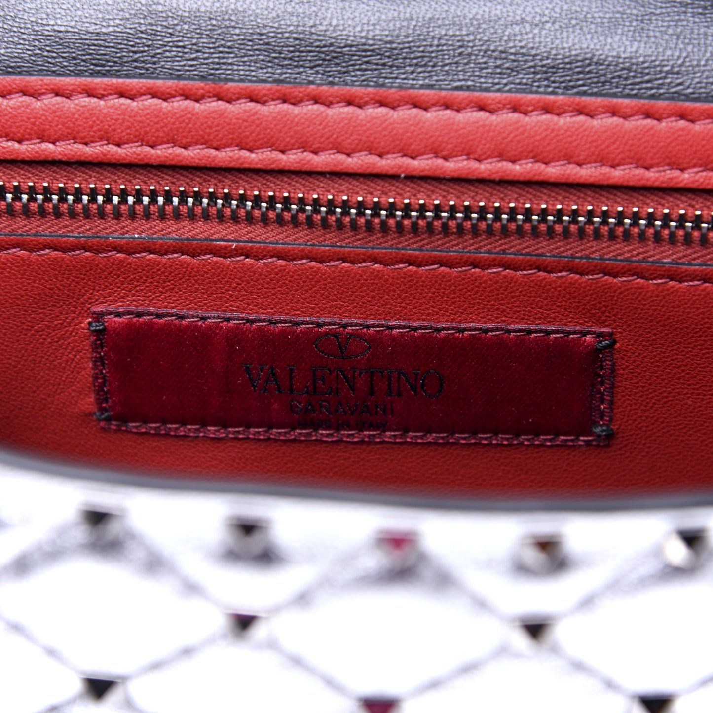 Metallic Lambskin Rockstud Spike Wallet on Chain Silver