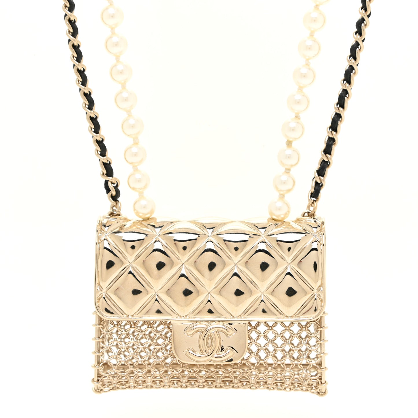 Metal Lambskin Pearl Chain Flap Bag Long Necklace Gold Black Pearly White