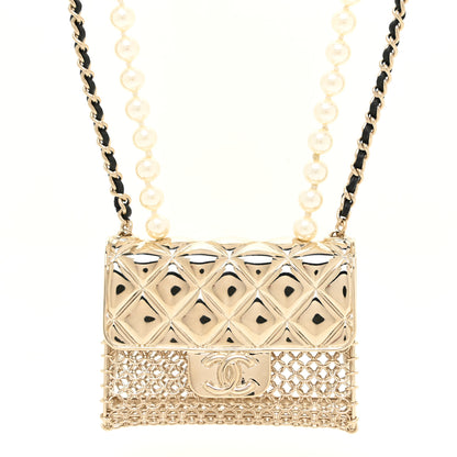 Chanel Metal Lambskin Pearl Chain Flap Bag Long Necklace Gold Black Pearly White 4 of 6