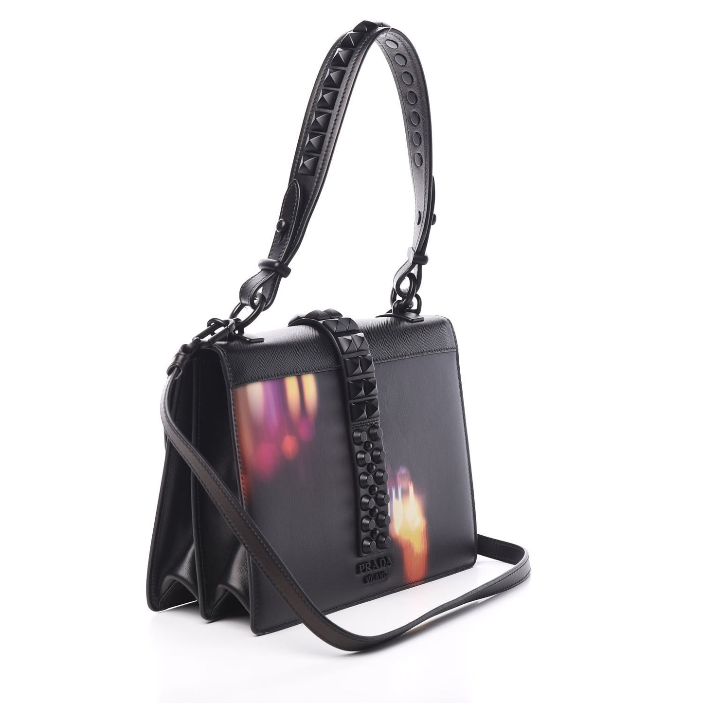 Saffiano City Lights Print Studded Elektra Shoulder Bag Black Fuxia