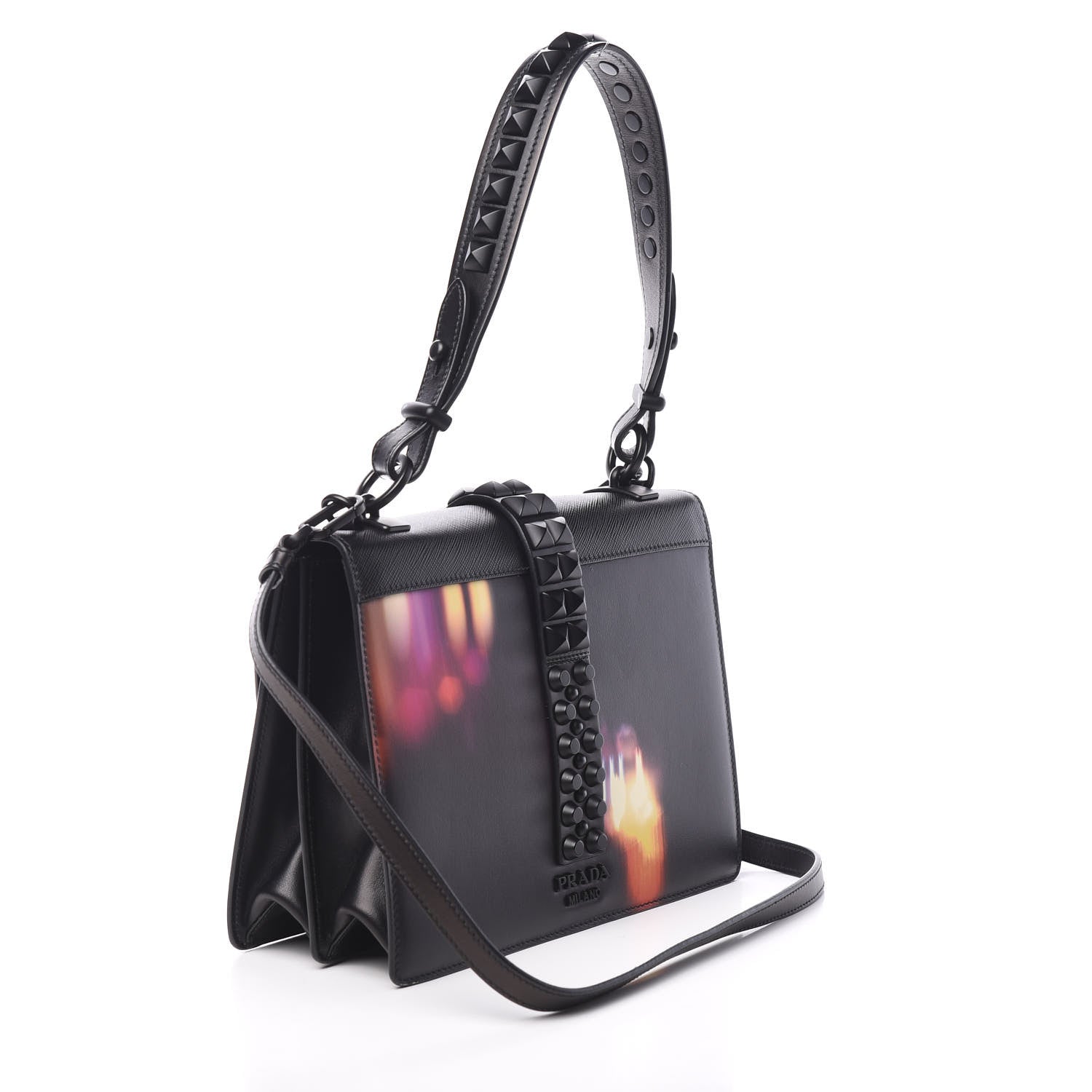 Prada Saffiano City Lights Print Studded Elektra Shoulder Bag Black Fuxia 2 of 9