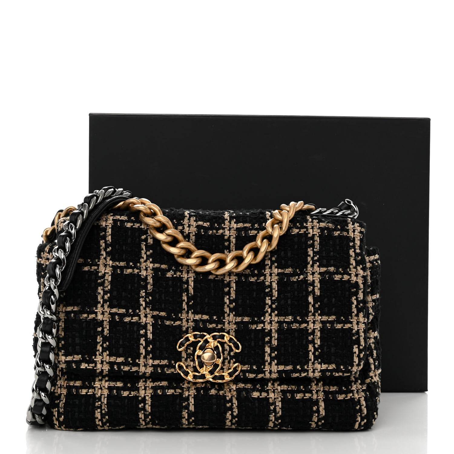 Chanel Tweed Quilted Medium Chanel 19 Flap Black Beige 12 of 12