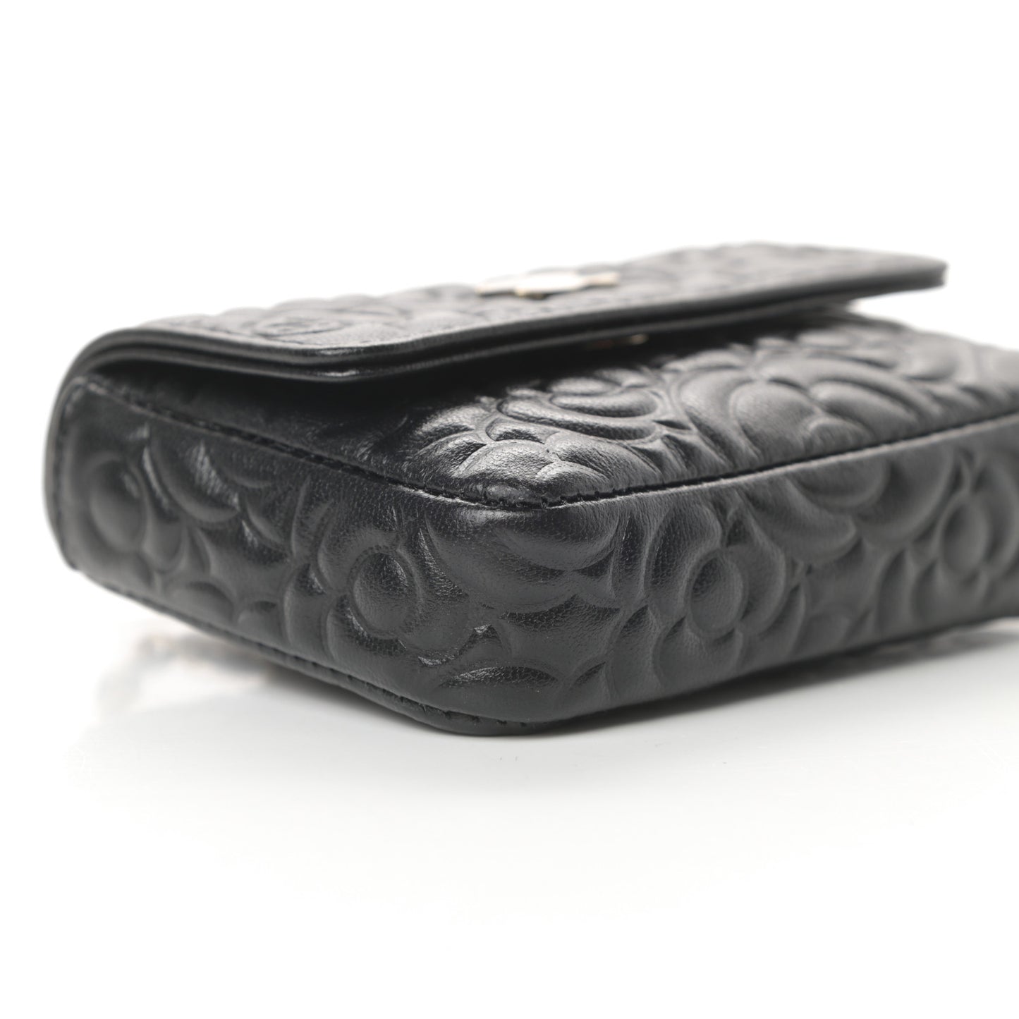 Lambskin Camellia Embossed Chain Belt Bag Black