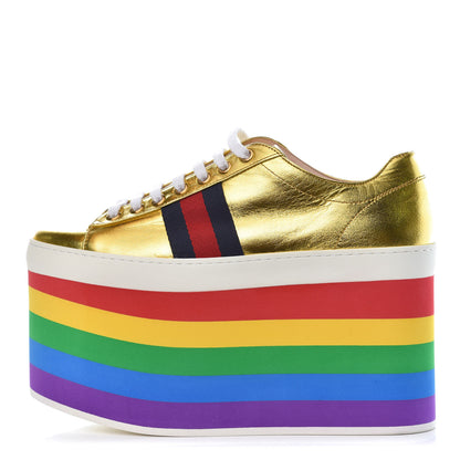 Gucci Metallic Nappa Peggy Platform Sneakers 36.5 Oro Vecchio 1 of 10