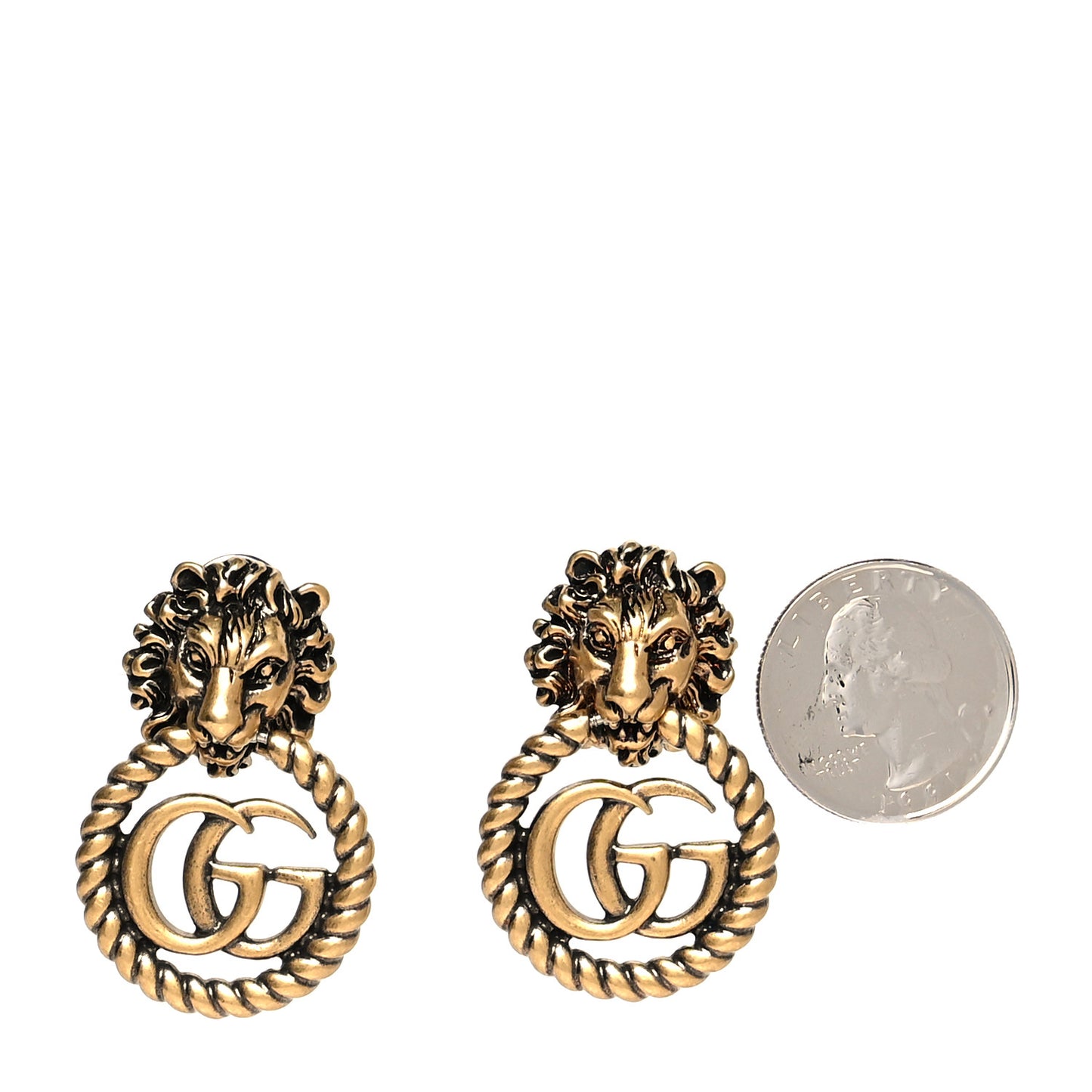 Metal Double G Lion Head Clip On Earrings Aged Gold